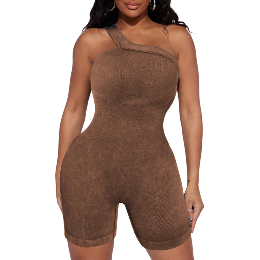Womens Brown Ribbed One Shoulder Cutout Active Romper Image 1