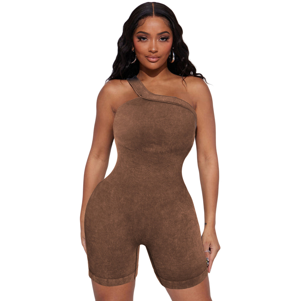 Women's Brown Ribbed One Shoulder Cutout Active Romper Image 2