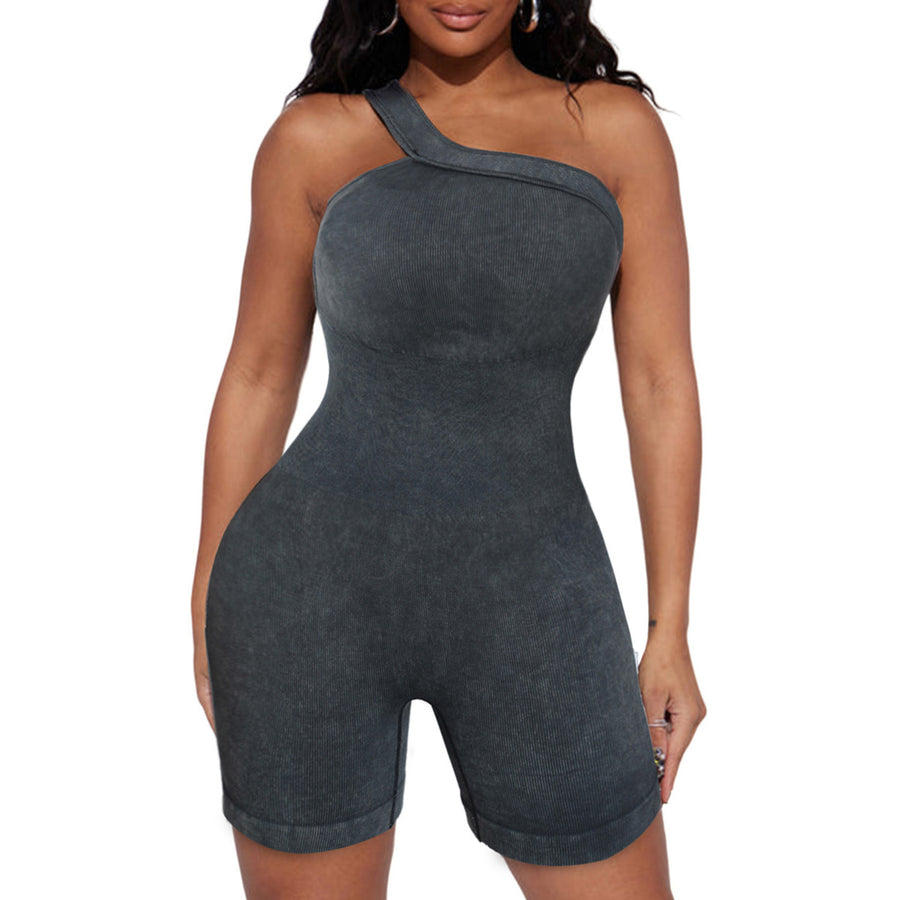 Womens Gray Ribbed One Shoulder Cutout Active Romper Image 1
