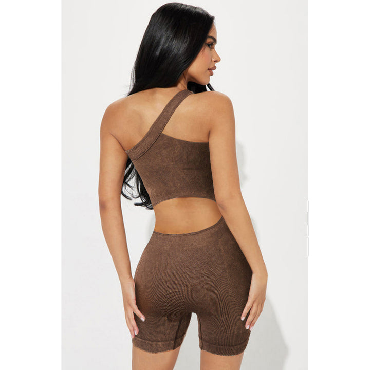 Womens Brown Ribbed One Shoulder Cutout Active Romper Image 3
