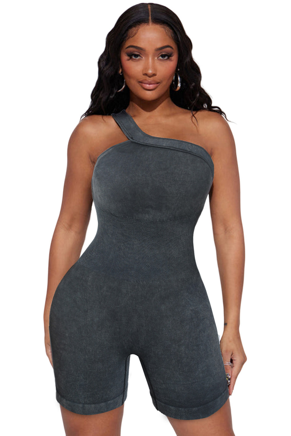 Women's Gray Ribbed One Shoulder Cutout Active Romper Image 2