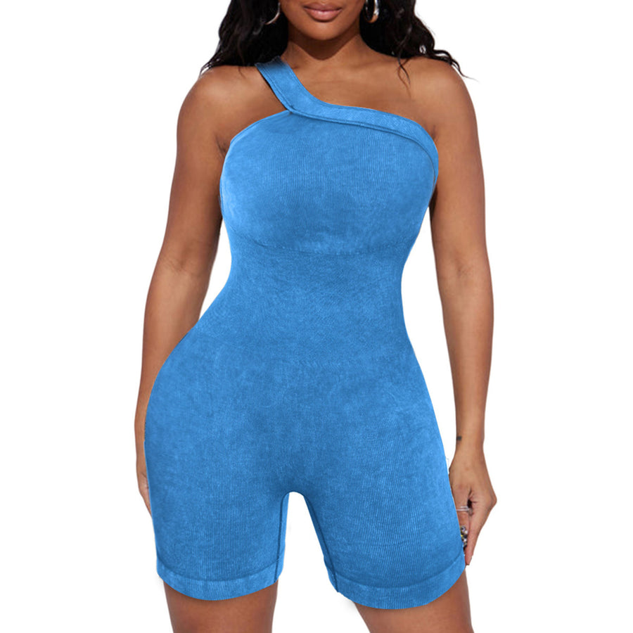 Women's Sky Blue Ribbed One Shoulder Cutout Active Romper Image 1