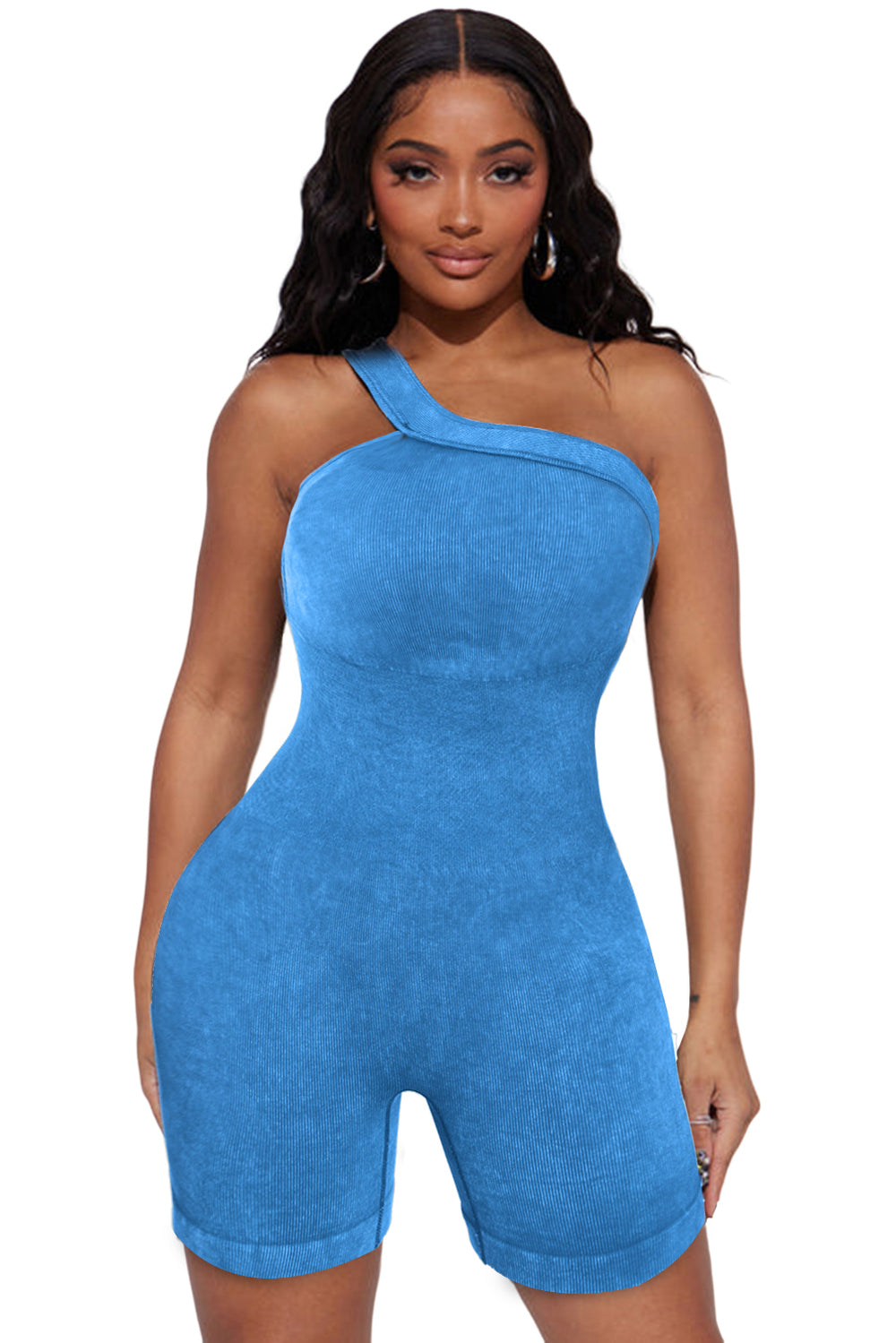 Womens Sky Blue Ribbed One Shoulder Cutout Active Romper Image 2