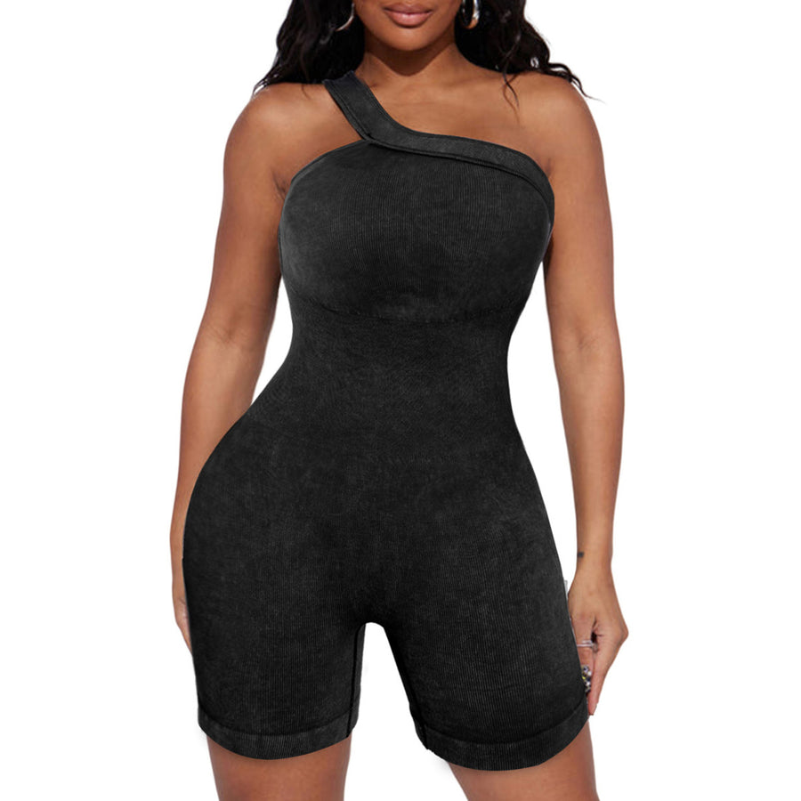 Womens Black Ribbed One Shoulder Cutout Active Romper Image 1