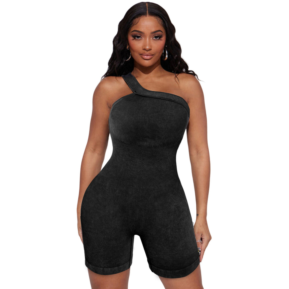 Womens Black Ribbed One Shoulder Cutout Active Romper Image 2
