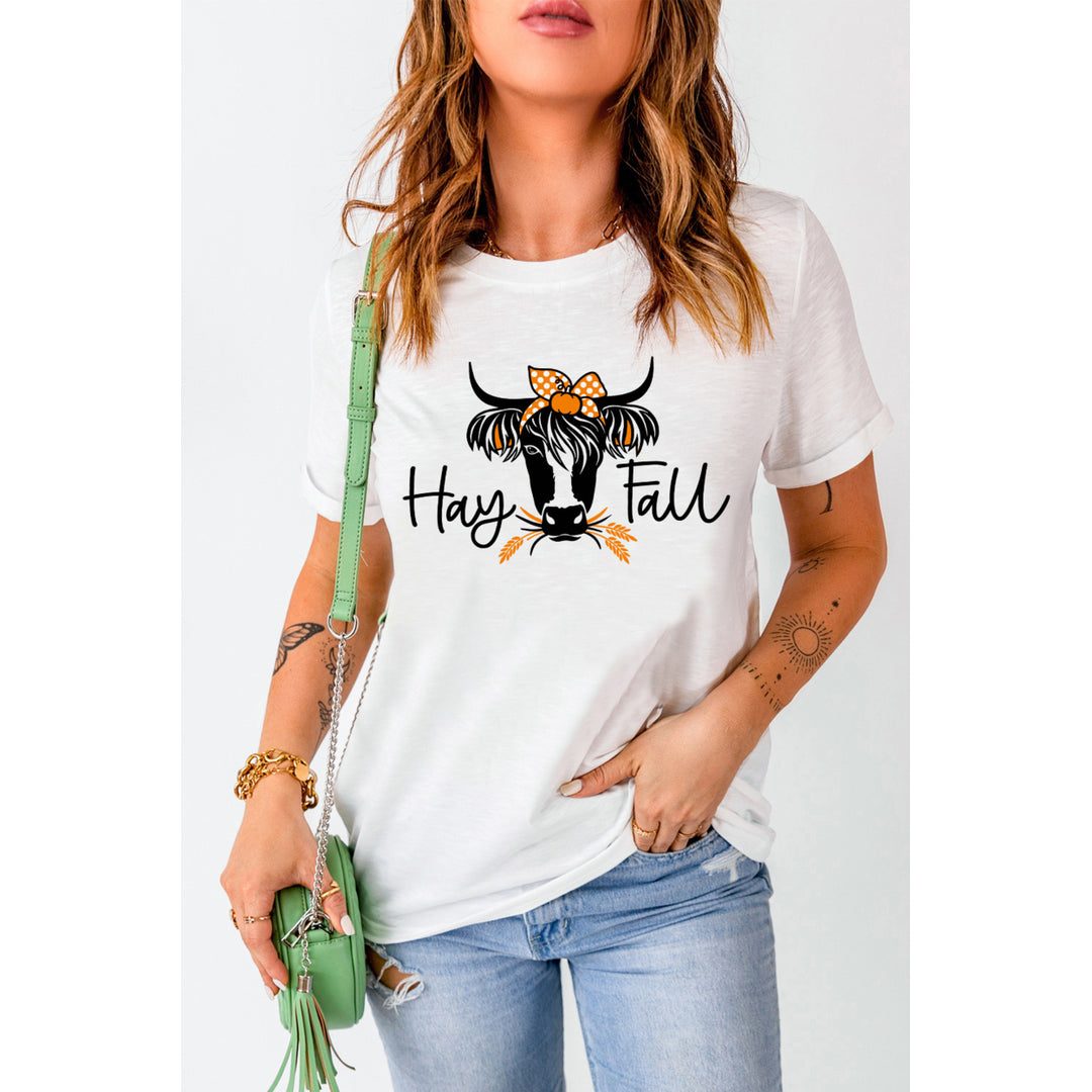 Womens White Hay Fall Cow Head Print Short Sleeve Graphic Tee Image 1