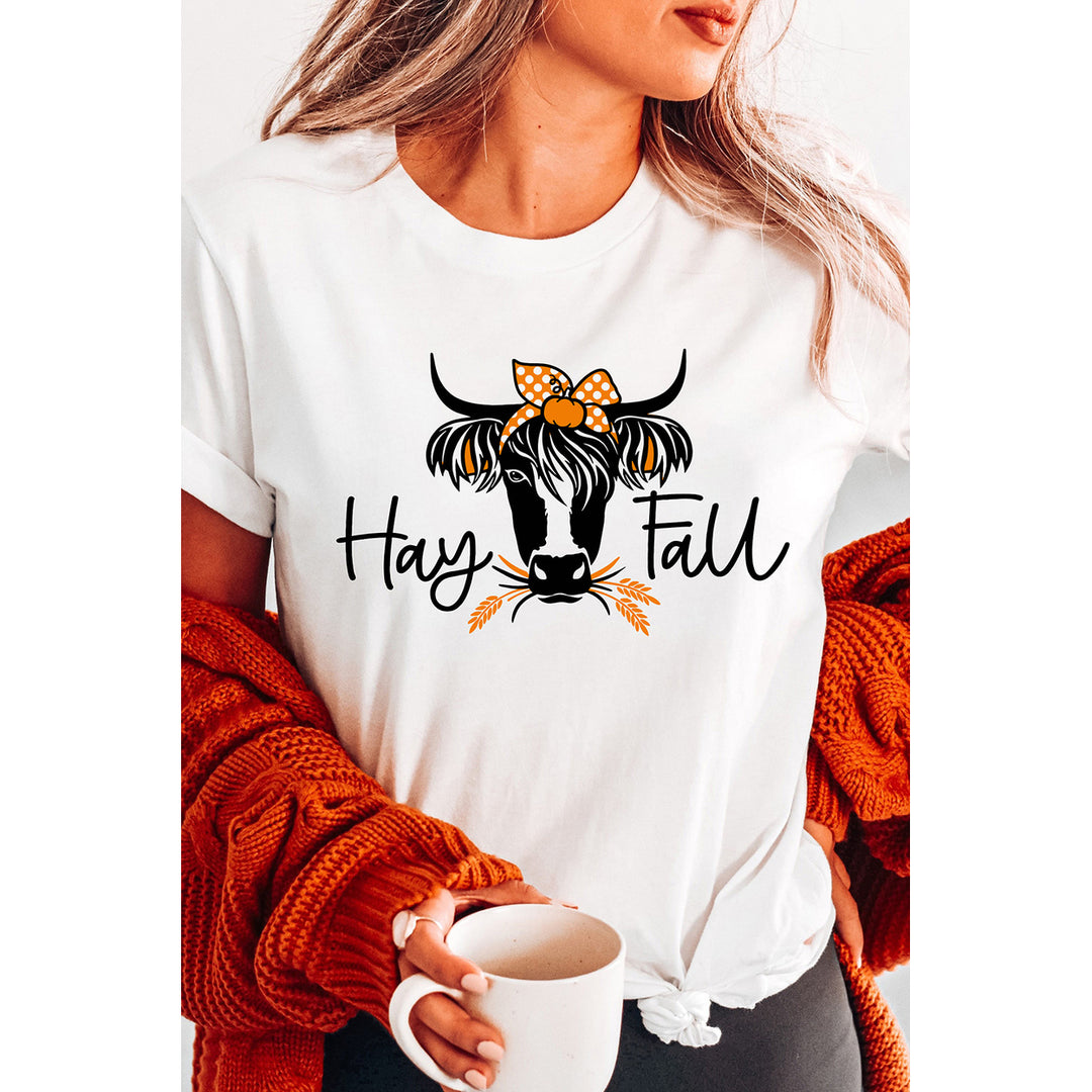 Womens White Hay Fall Cow Head Print Short Sleeve Graphic Tee Image 3