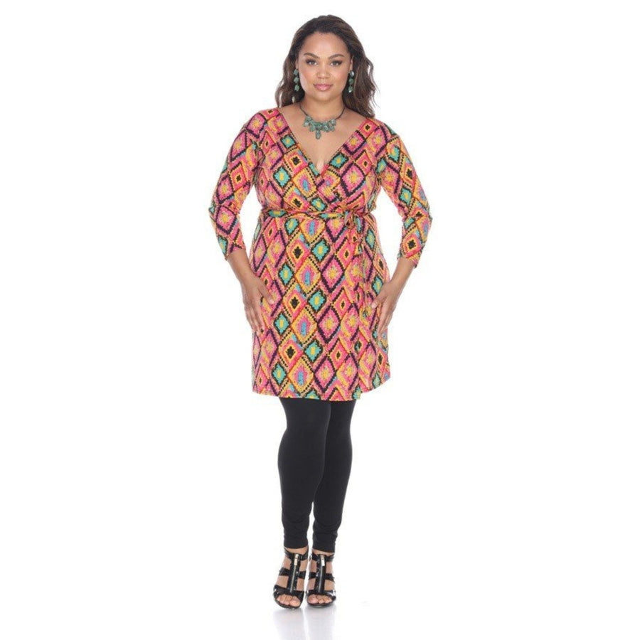 White Mark Plus Size Wrap Dress Pink Yellow 3/4 Sleeve V-Neck Diamond Print Image 1