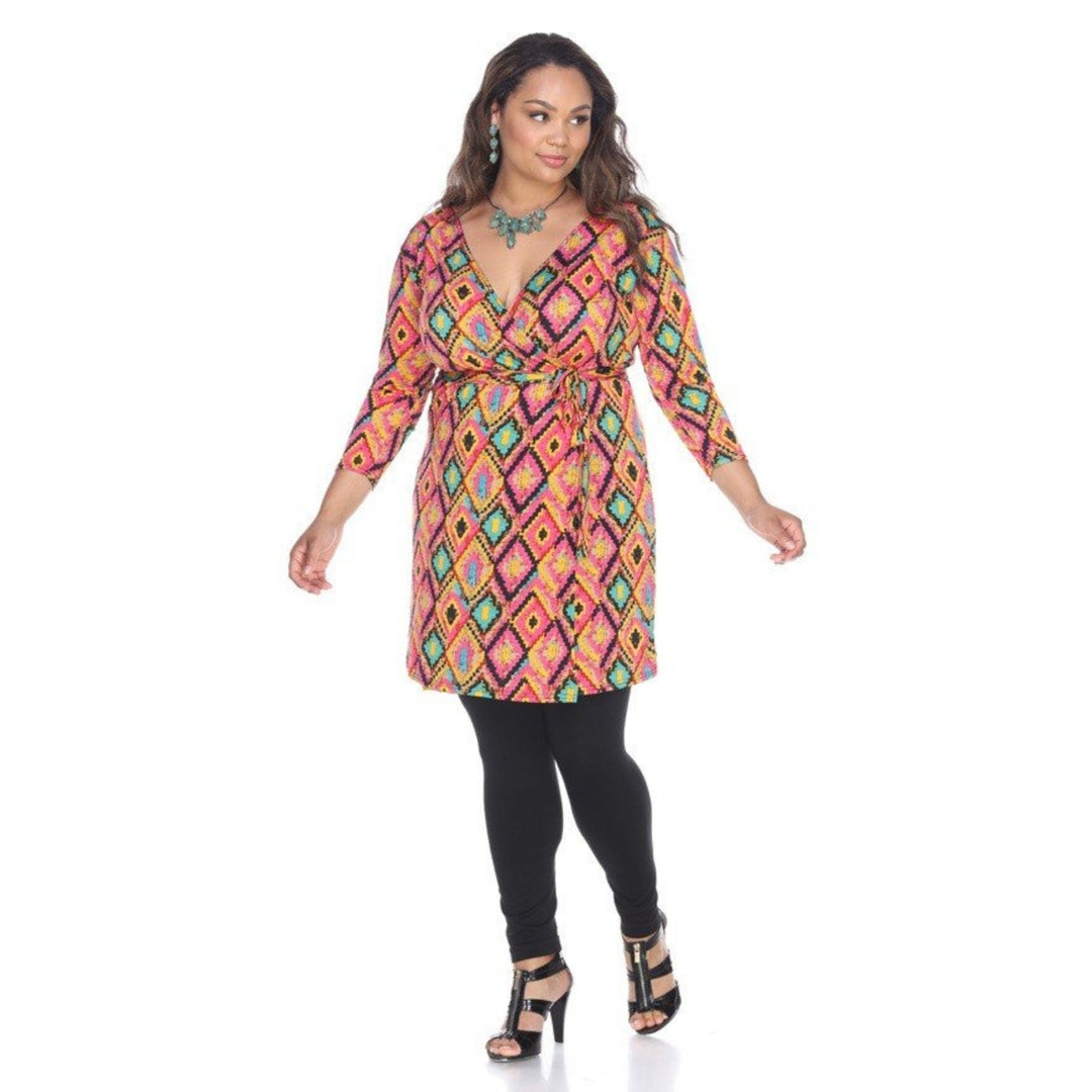 White Mark Plus Size Wrap Dress Pink Yellow 3/4 Sleeve V-Neck Diamond Print Image 2