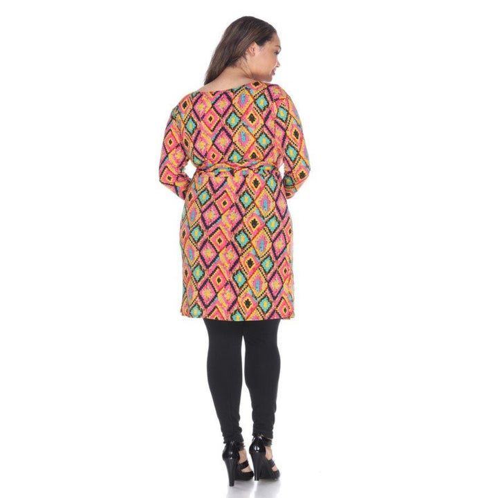 White Mark Plus Size Wrap Dress Pink Yellow 3/4 Sleeve V-Neck Diamond Print Image 3