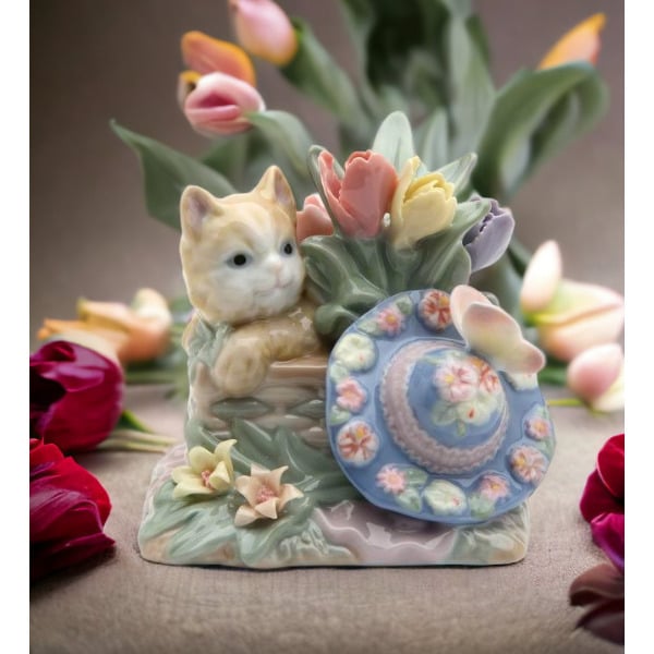 Ceramic Cat with Hat Butterfly Figurine 3 5/8 inch Gift for Cat Image 1