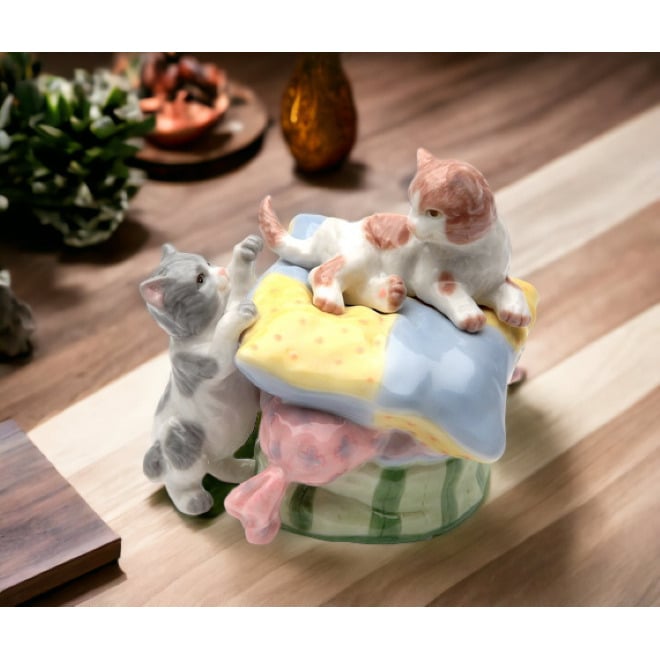 Ceramic Kittens Playing on Pillow Music Box Gift for Cat Image 1