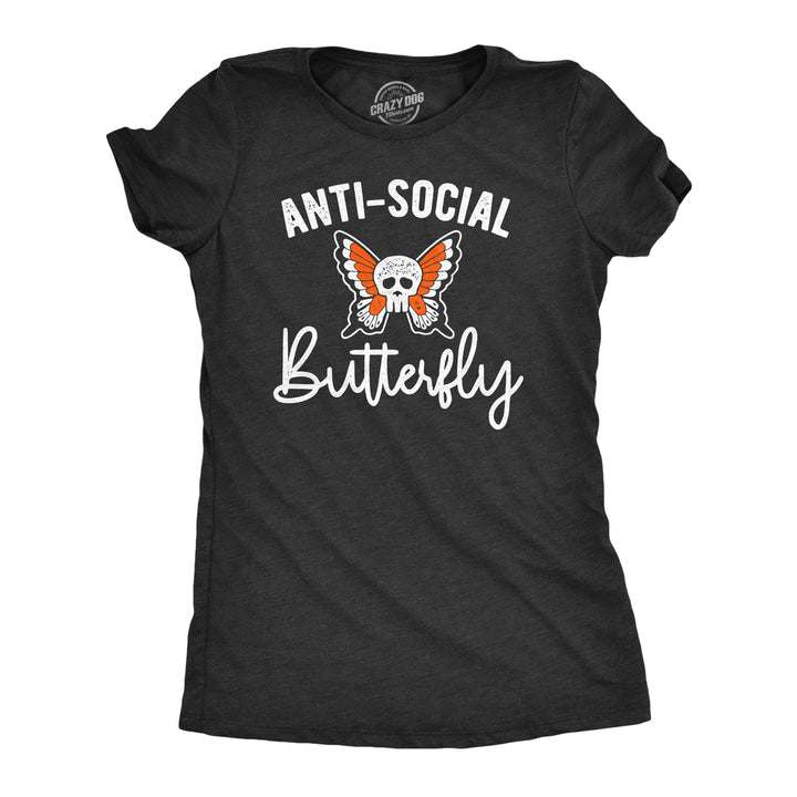 Womens Anti-Social Butterfly Tshirt Funny Introvert Skull Tee Image 1