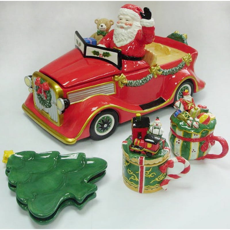 Kevins Gift Shoppe Ceramic Christmas Santa Candy Delivery 1 Jar 2 Plates 2 Mugs Image 3