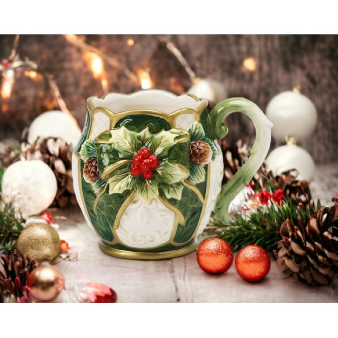 Set of 4 Christmas Ceramic Holly Mugs 12 oz Holiday Image 1