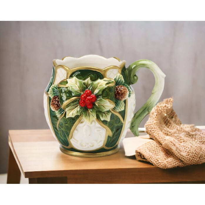 Set of 4 Christmas Ceramic Holly Mugs 12 oz Holiday Image 2