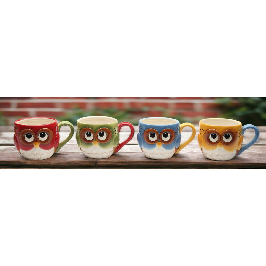 Ceramic Set of 4 Owl Mugs Colorful  or Birdwatcher Image 1