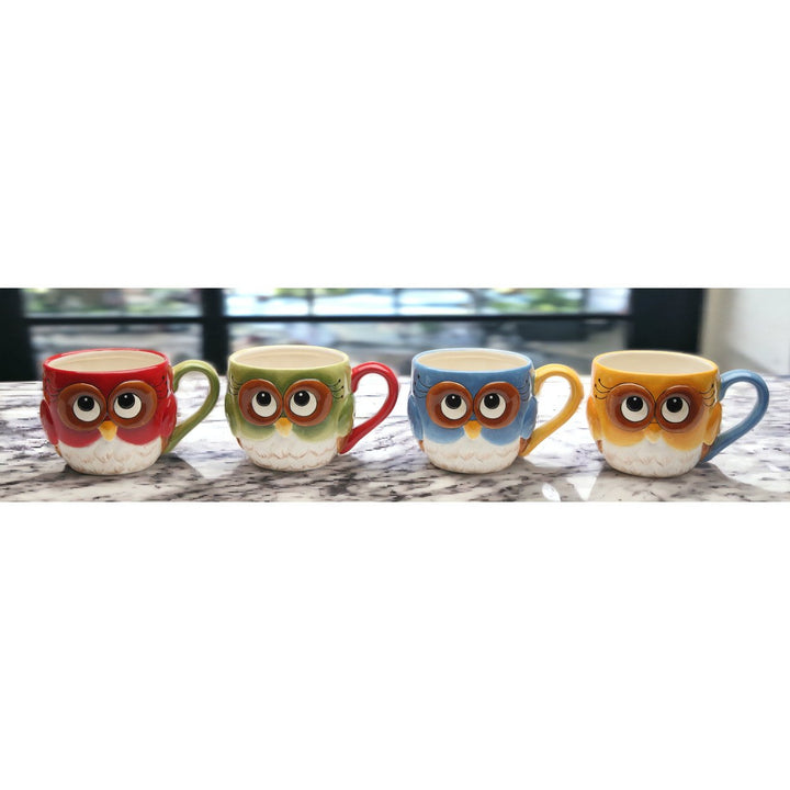 Ceramic Set of 4 Owl Mugs Colorful  or Birdwatcher Image 2