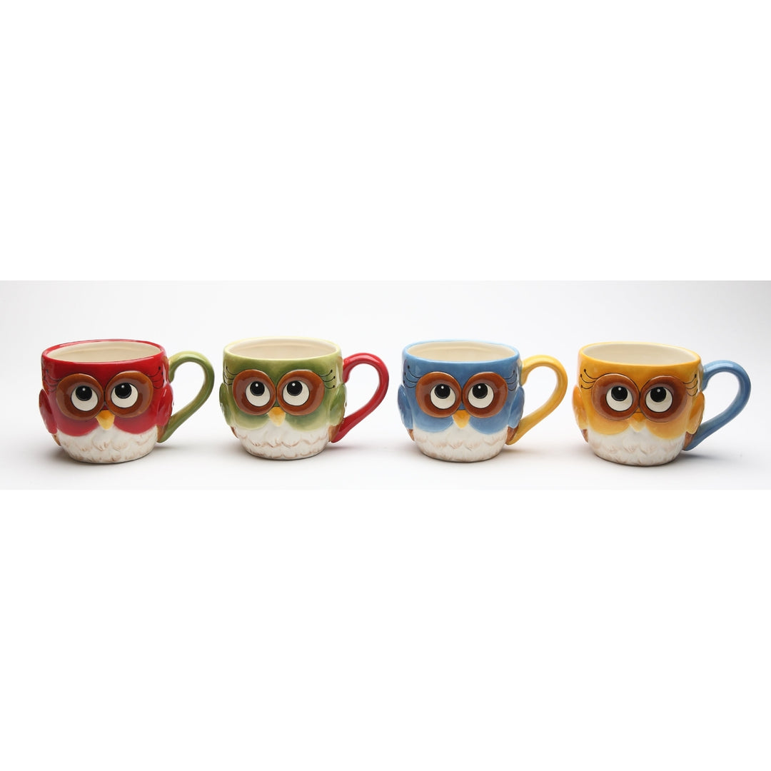 Ceramic Set of 4 Owl Mugs Colorful  or Birdwatcher Image 3