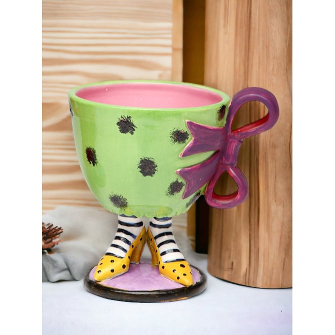 Hand Painted Ceramic Green Cup Purple Bow Yellow Heels 8 Oz Gift Image 1