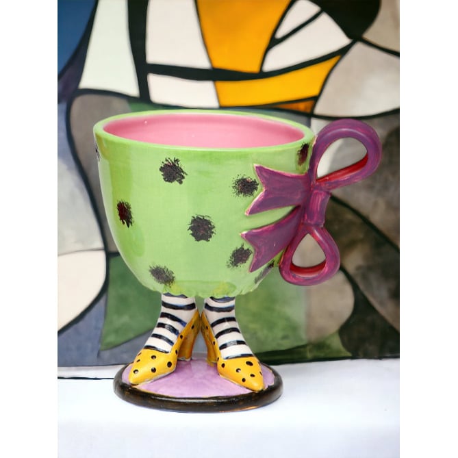 Hand Painted Ceramic Green Cup Purple Bow Yellow Heels 8 Oz Gift Image 2