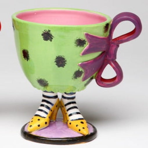 Hand Painted Ceramic Green Cup Purple Bow Yellow Heels 8 Oz Gift Image 3