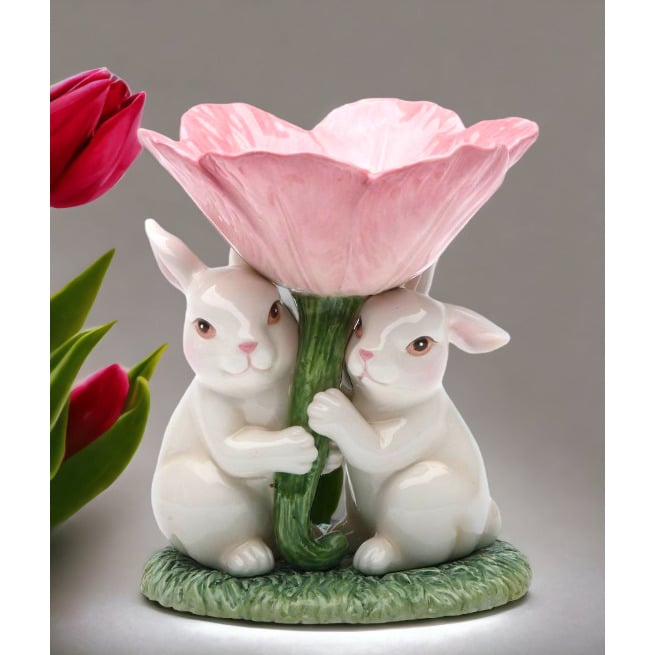 Ceramic Easter Bunny Rabbits Pink Flower Candle Holder 4.5" Image 1