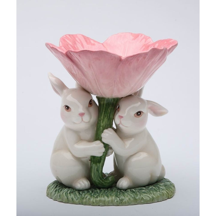 Ceramic Easter Bunny Rabbits with Pink Flower Candle HolderKitchen DcorSpring DcorEaster Dcor Image 3