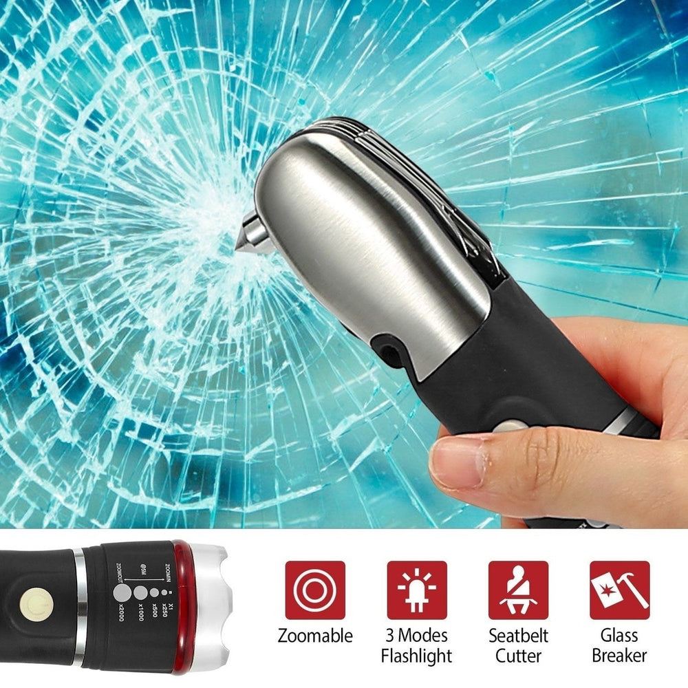 8 In 1 Multi Tool Hammer Zoomable LED Flashlight Emergency Auto Escape Tool Image 2