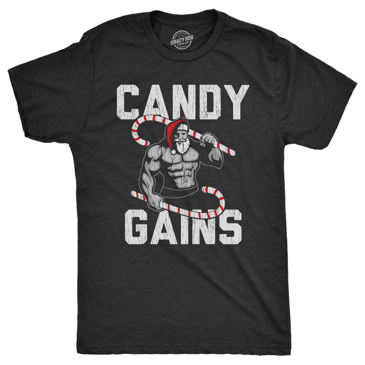 Mens Candy Gains T Shirt Funny Xmas Buff Ripped Santa Claus Workout Joke Tee For Guys Image 1