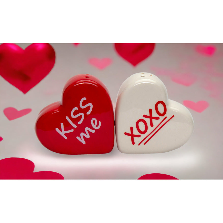 Ceramic Heart Shaped Salt and Pepper Set Kiss Me XOXO 2.5 inches Image 1