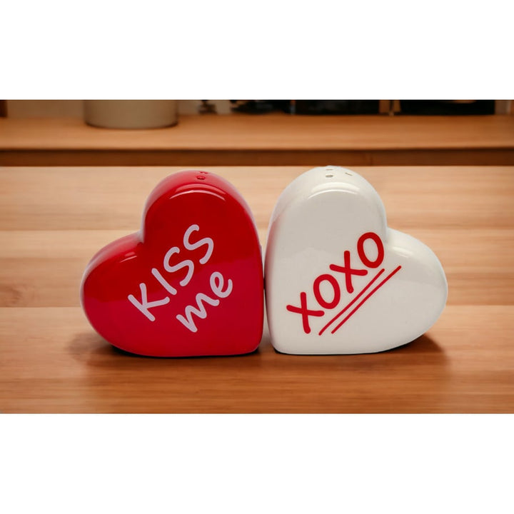 Ceramic Heart Shaped Salt and Pepper Set Kiss Me XOXO 2.5 inches Image 2