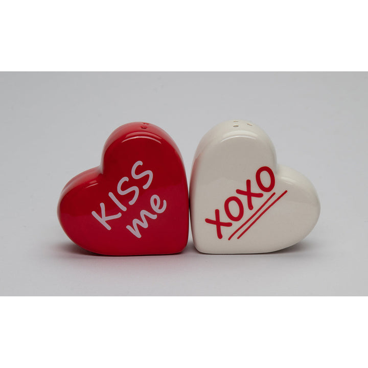 Ceramic Heart Shaped Salt and Pepper Set Kiss Me XOXO 2.5 inches Image 3