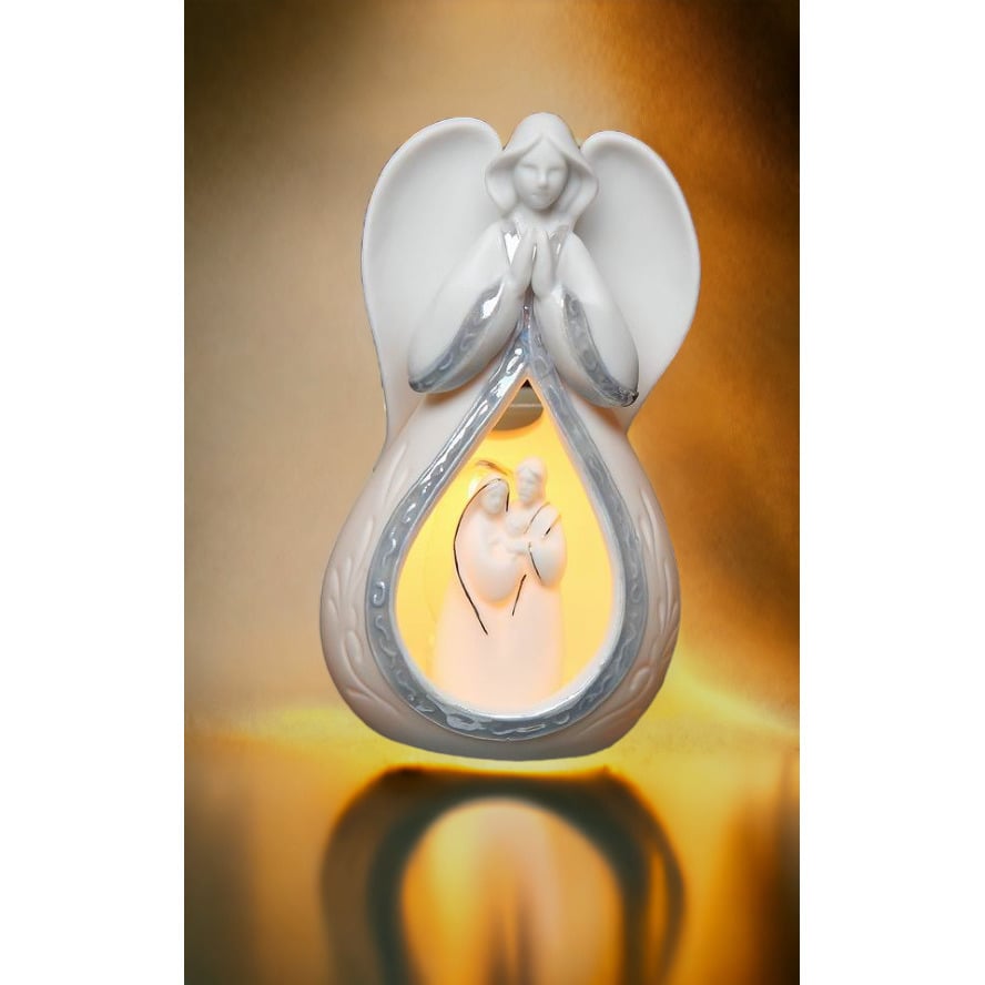 Ceramic Praying Angel Night Light with Holy Family 5.75 Inch Image 1