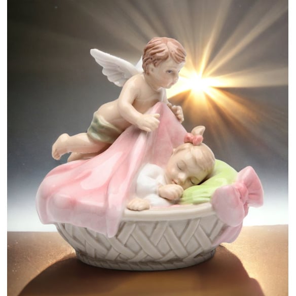 Ceramic Guardian Angel Figurine with Baby Girl 3.75in Religious Gift Image 1