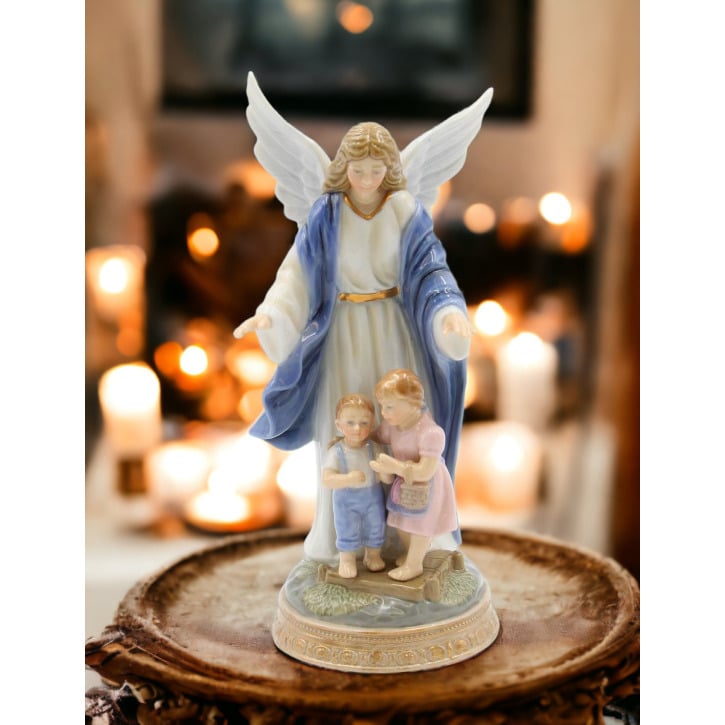 Ceramic Guardian Angel Figurine 7.75in Protecting Children Gift Image 2