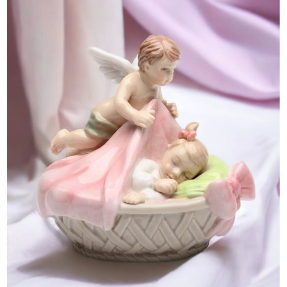 Ceramic Guardian Angel Figurine with Baby Girl 3.75in Religious Gift Image 2