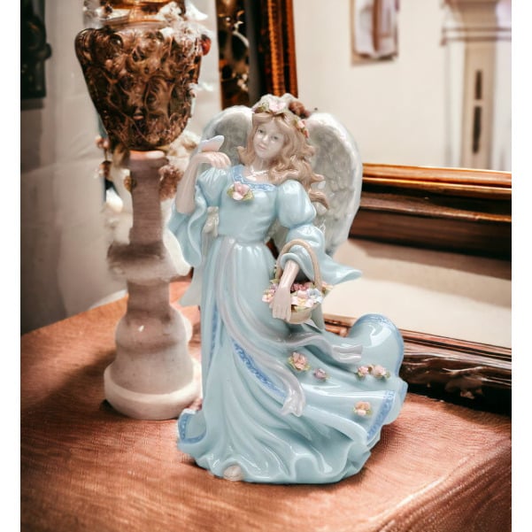 Ceramic Angel Music Box Blue Dress Flower Basket Home Church Baptism Decor 5.25"x4.25" Image 1