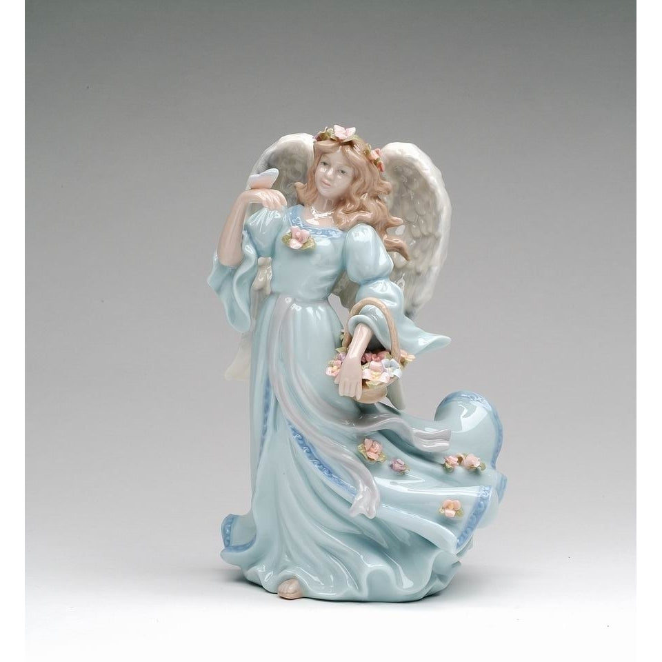 Ceramic Angel Music Box Blue Dress Flower Basket Home Church Baptism Decor 5.25"x4.25" Image 3