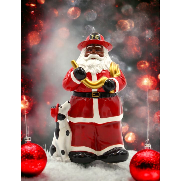 African American Firefighter Santa Cookie Jar 11.5in with Dalmation Dog Decor Image 1