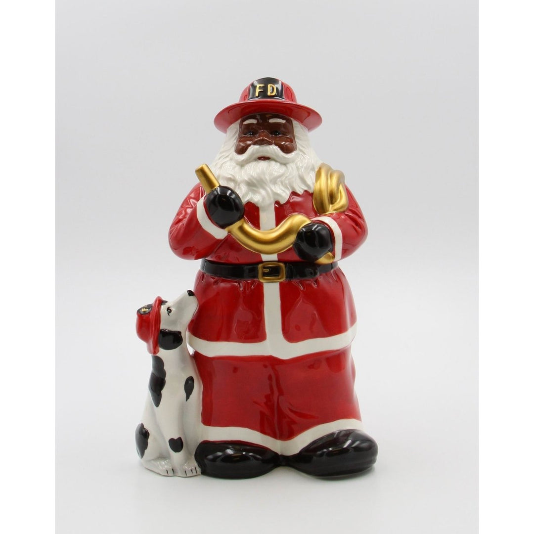 African American Firefighter Santa Cookie Jar 11.5in with Dalmation Dog Decor Image 2