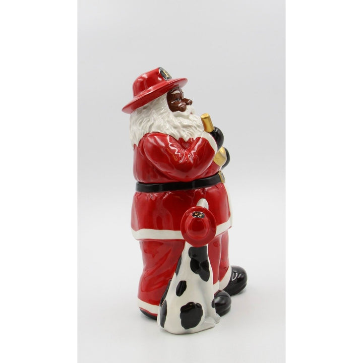 African American Firefighter Santa Cookie Jar 11.5in with Dalmation Dog Decor Image 3