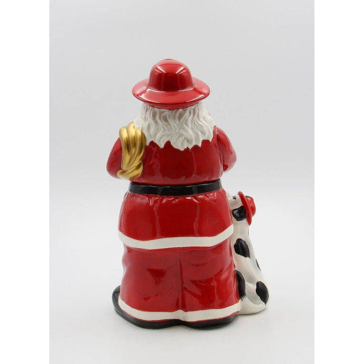 African American Firefighter Santa Cookie Jar 11.5in with Dalmation Dog Decor Image 4