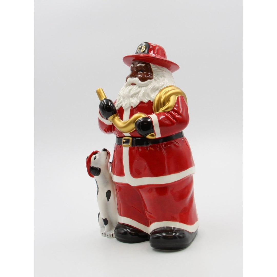 African American Firefighter Santa Cookie Jar 11.5in with Dalmation Dog Decor Image 6