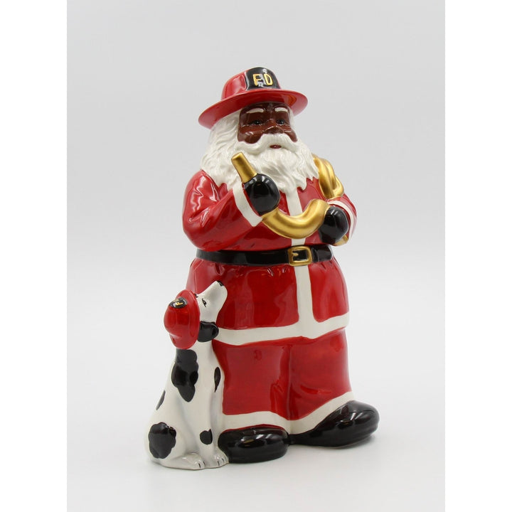 African American Firefighter Santa Cookie Jar 11.5in with Dalmation Dog Decor Image 7