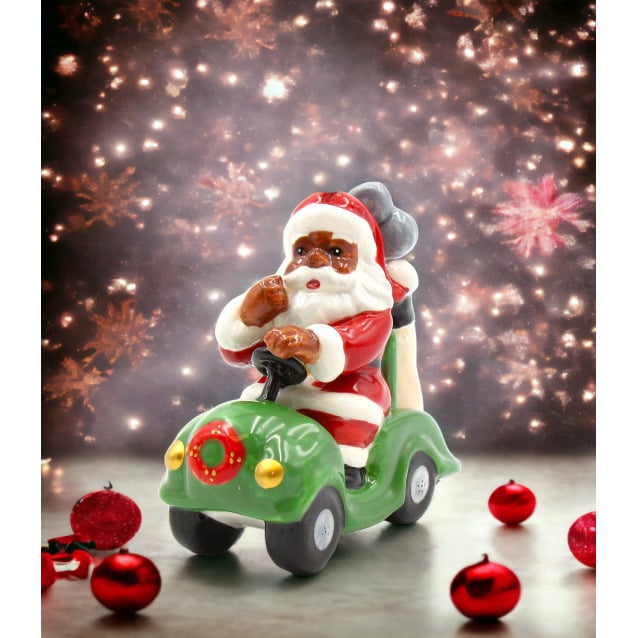 Ceramic African American Santa Golf Kart Ornament 3.75in Holiday Decor Gift Image 1