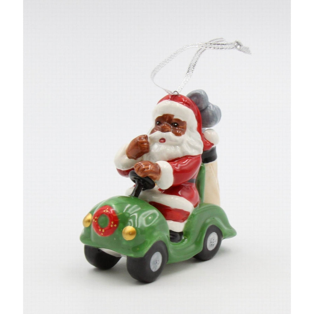 Ceramic African American Santa Golf Kart Ornament 3.75in Holiday Decor Gift Image 2