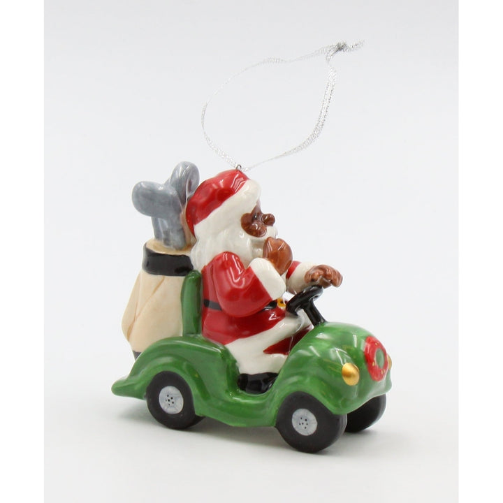 Ceramic African American Santa Golf Kart Ornament 3.75in Holiday Decor Gift Image 3