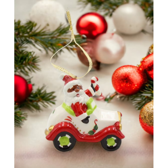 Ceramic African American Santa Ornament Driving Car 3 1/8" Holiday Decor Gift Image 1