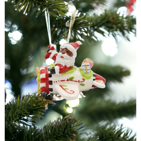 African American Santa Airplane Ornament Ceramic 3.75in Gift Image 1